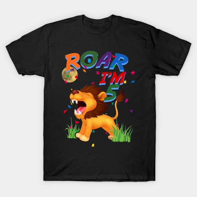 Kids 5th Birthday ROAR I'm 5 Year Old Shirt Boys Lion Safari Gift T-Shirt by GillTee